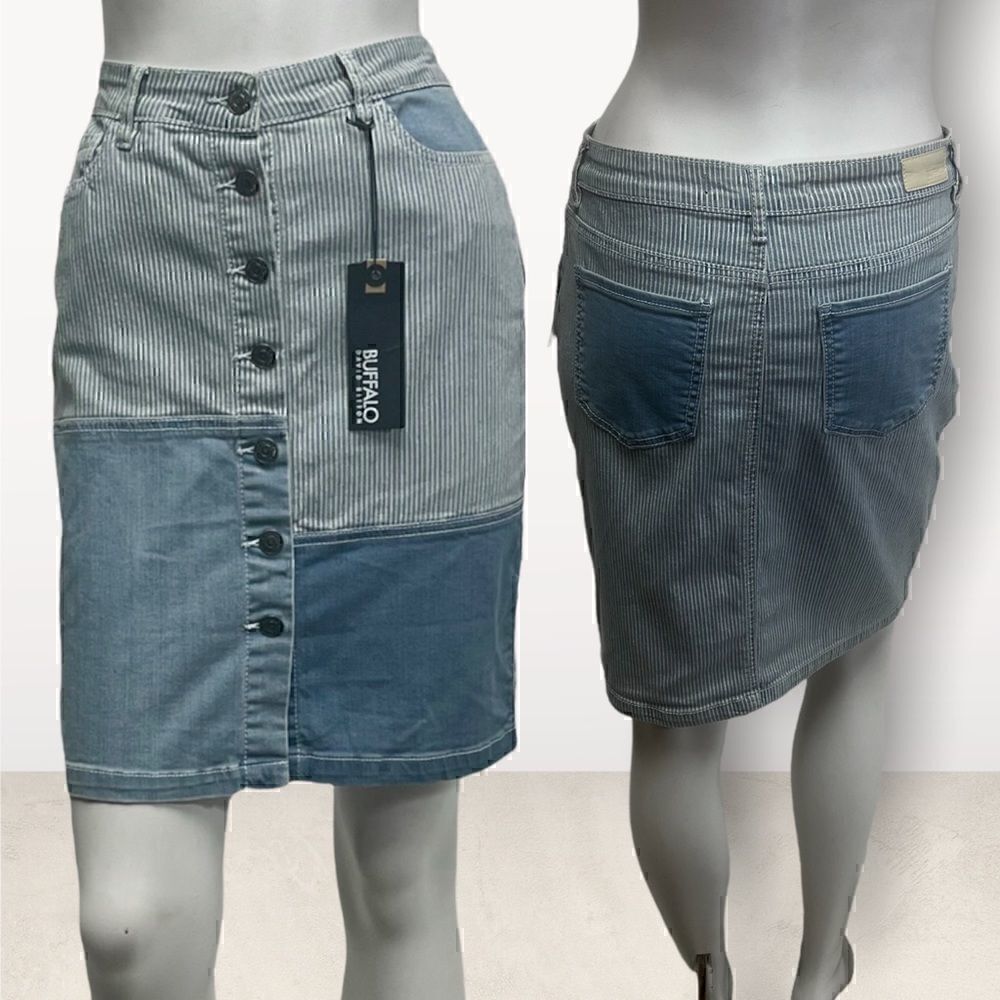 Buffalo Mixed  Print Patchwork Denim Vertical Striped  70s Look Skirt Sz 4‎ NWT